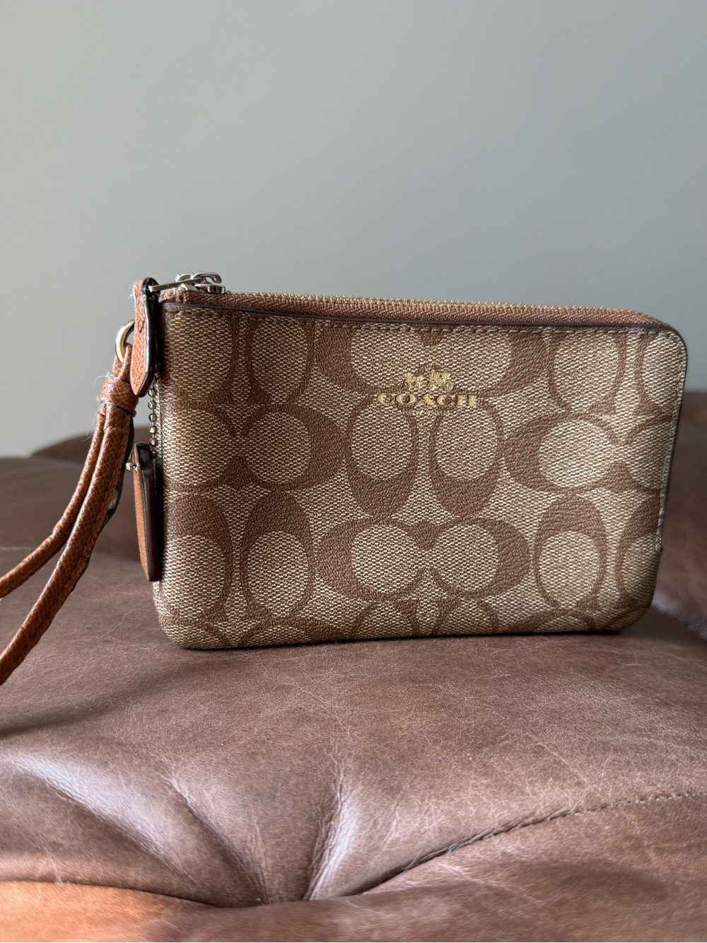 Coach Tan Signature Canvas Wristlet with Gold Logo